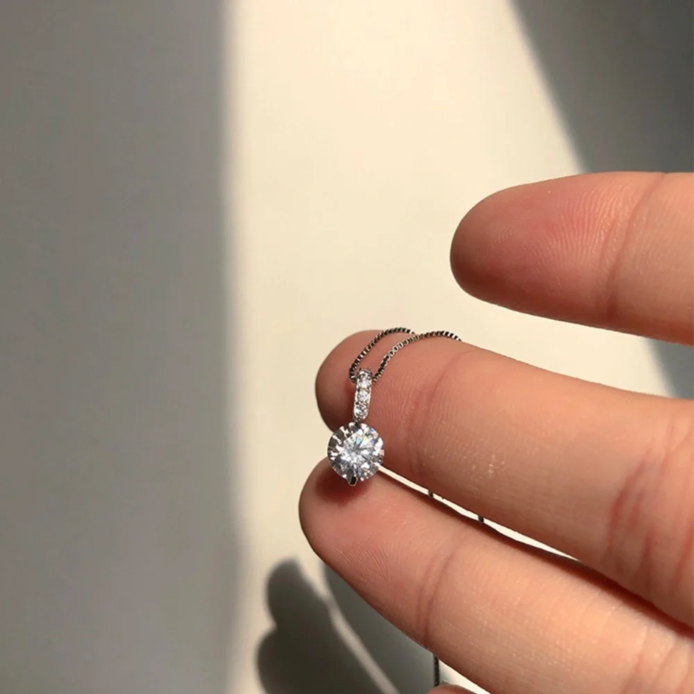 Sterling Silver Drop Bar Round Simulated Diamond Pendant Necklace - Picture 2 of 10